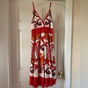 100% Cotton Midi Dress in Red and Cream